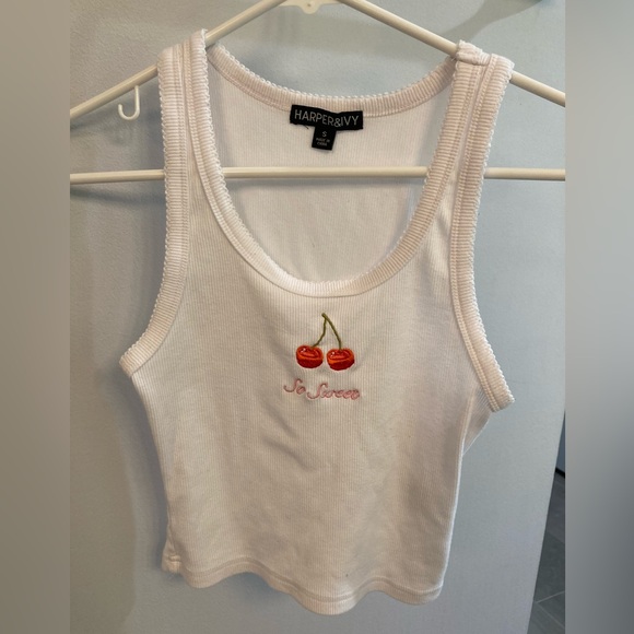 Harper Tops - Harper and Ivy Embroidered Cherry White ribbed Stretch Tank Top sz small